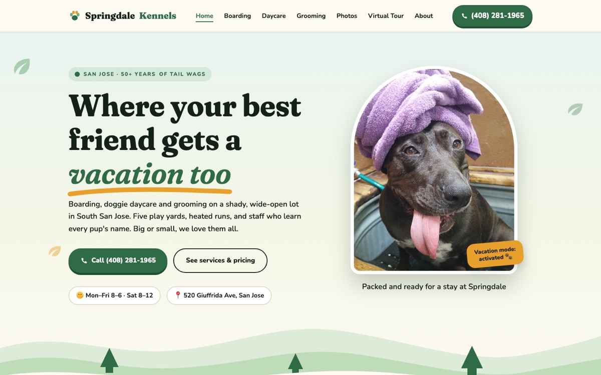 The Turtle Media concept for Springdale Kennels: a headline, the three services, a real photo of a dog, and the phone number in the header