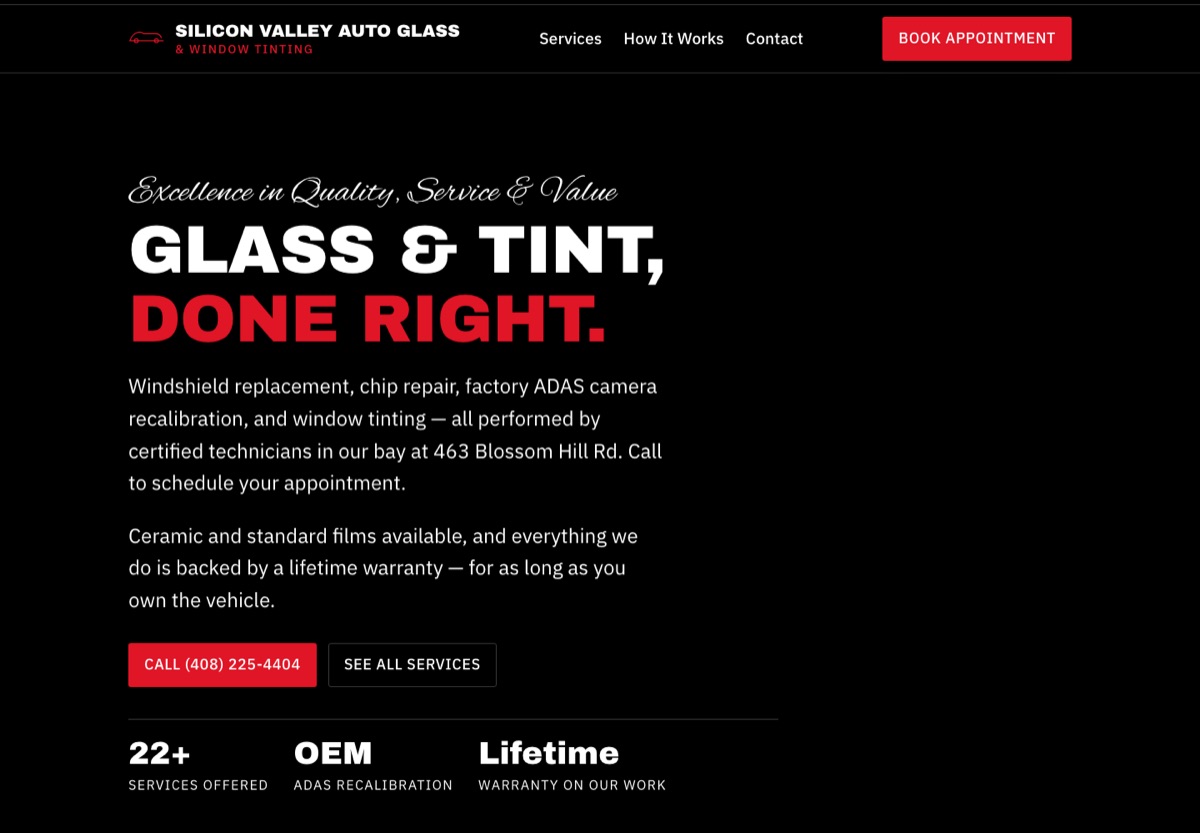 Website concept for Silicon Valley Auto Glass and Window Tinting with a bold headline reading Glass and tint, done right